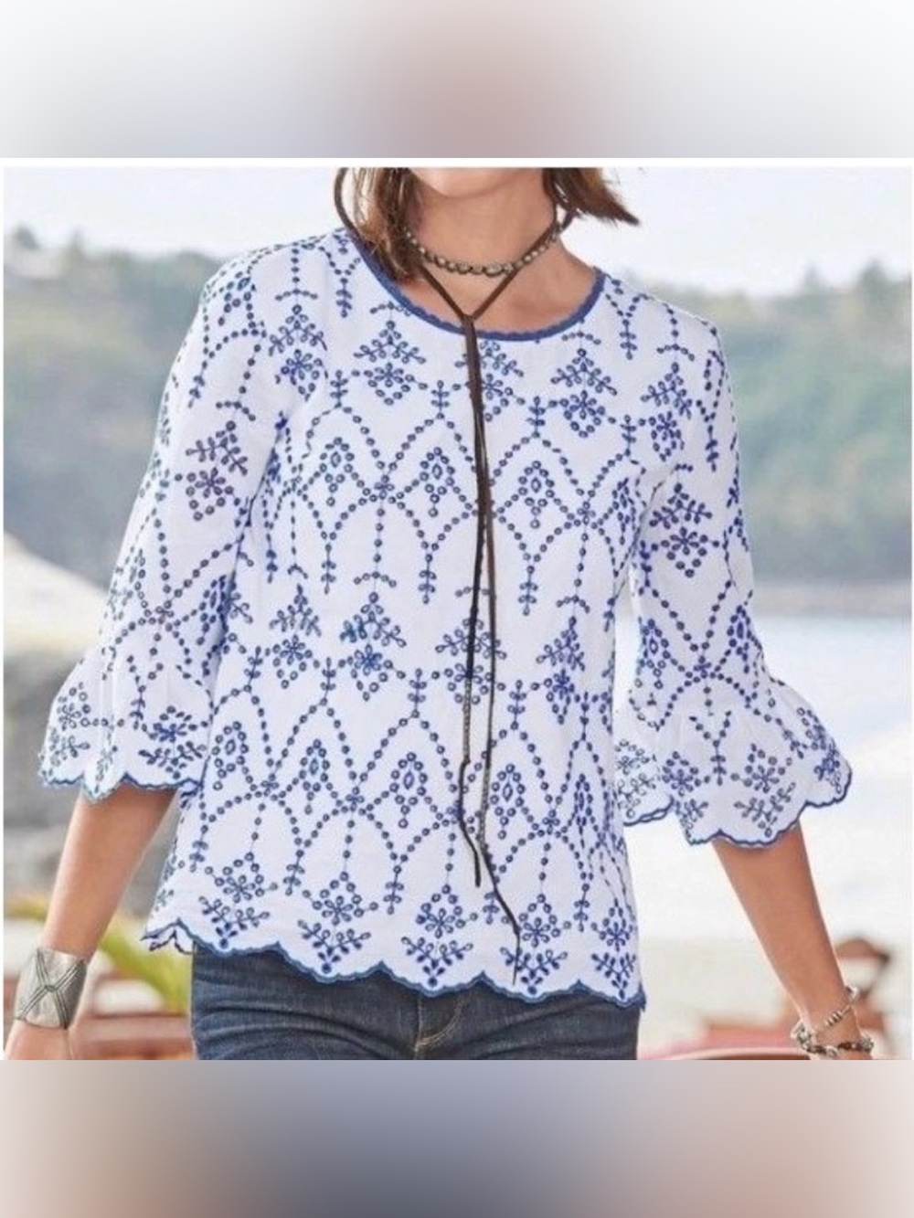 Sundance Women’s Palmera Eyelet Embroidered 3/4 Sleeves Top Size Medium